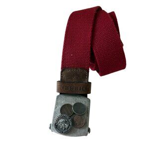 Diesel Red Cotton Belt Metal Coin Buckle & Brown Leather Accent - 43" Length